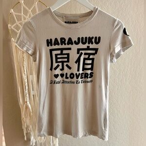 Harajuku Lovers Vintage Distressed White and Black Logo Graphic Tee